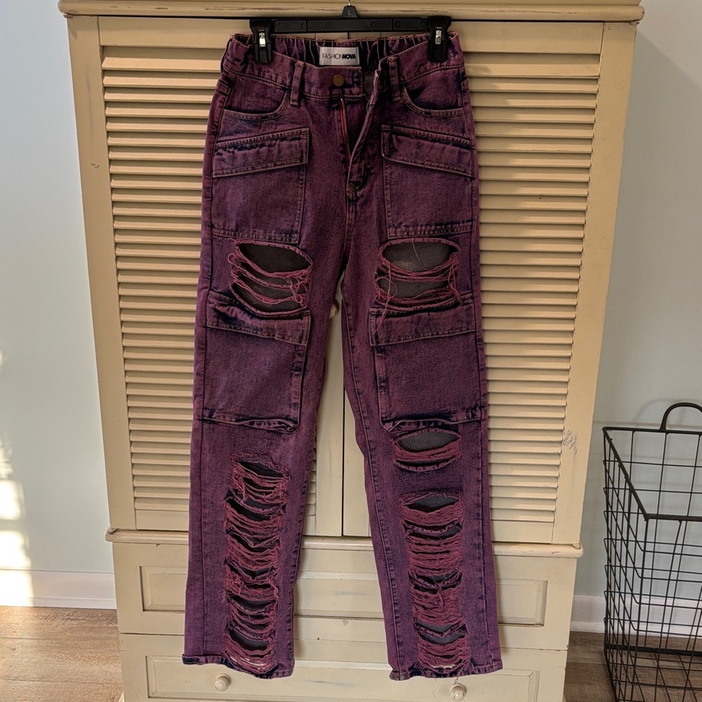Fashion Nova Ripped Purple Straight Leg Jeans